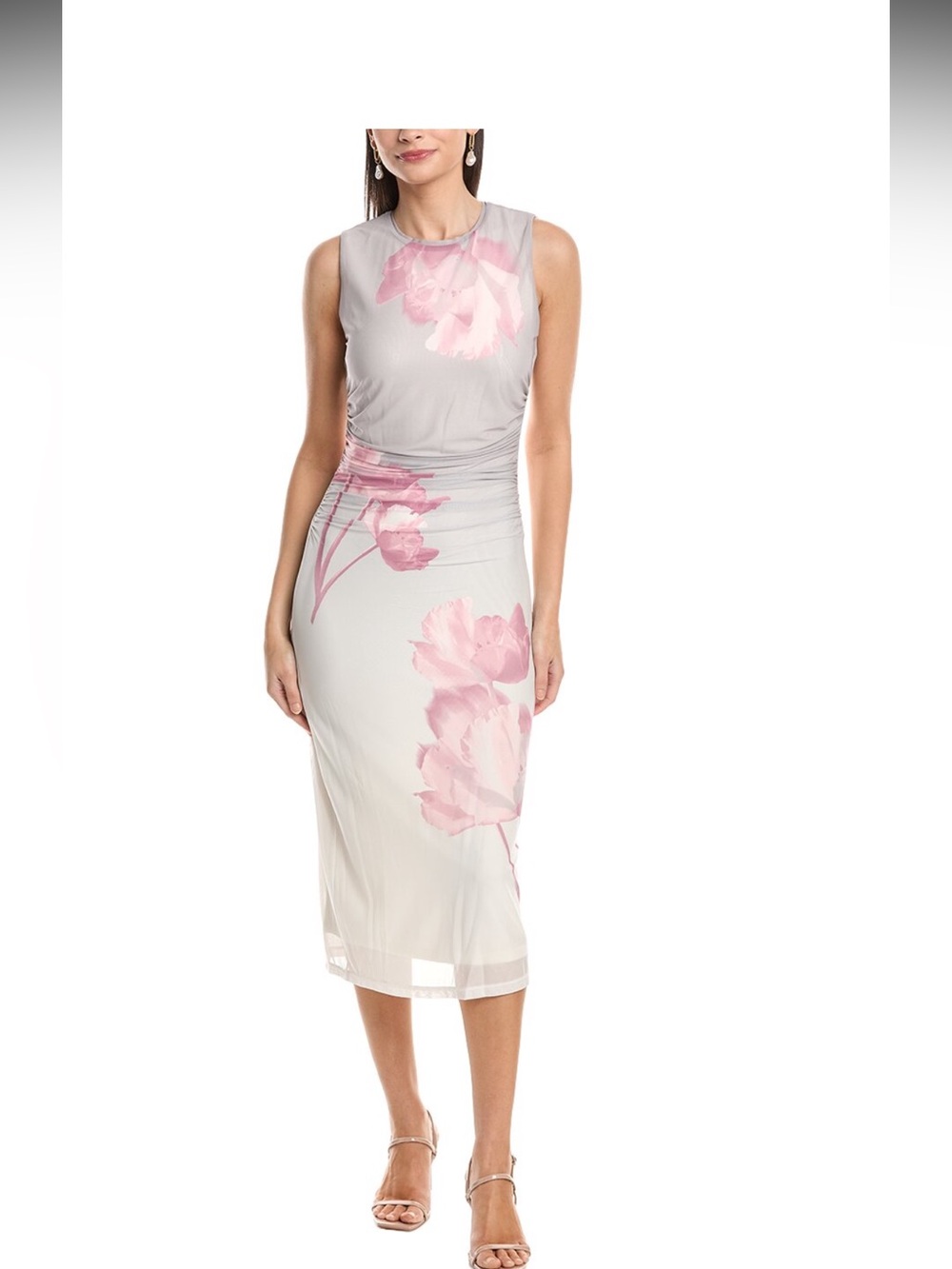 Anne Klein Sleeveless Midi Sheath Dress in Light Gray with Pink Floral